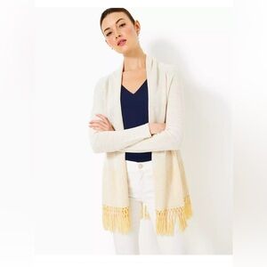 Lilly Pulitzer Gold Fringed Tatum Long Fringe Hem Cardigan Sweater Size XS